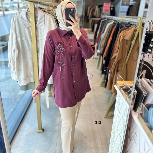 1412 ÖN KISMI ÇİÇEK DETAYLI GÖMLEK YAKA TUNİK - Görsel 18