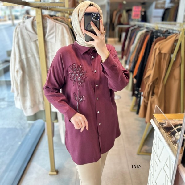 1412 ÖN KISMI ÇİÇEK DETAYLI GÖMLEK YAKA TUNİK - Görsel 14