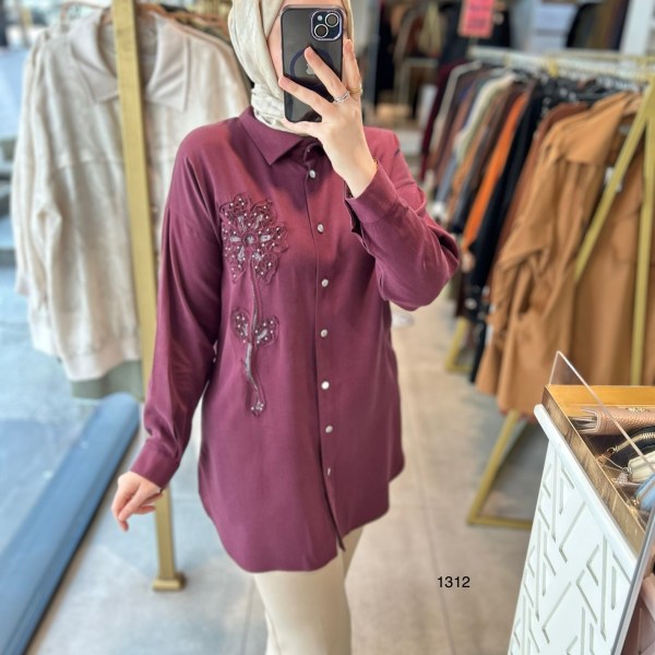 1412 ÖN KISMI ÇİÇEK DETAYLI GÖMLEK YAKA TUNİK - Görsel 3