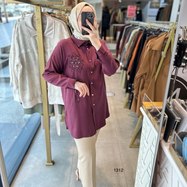 1412 ÖN KISMI ÇİÇEK DETAYLI GÖMLEK YAKA TUNİK - Görsel 12