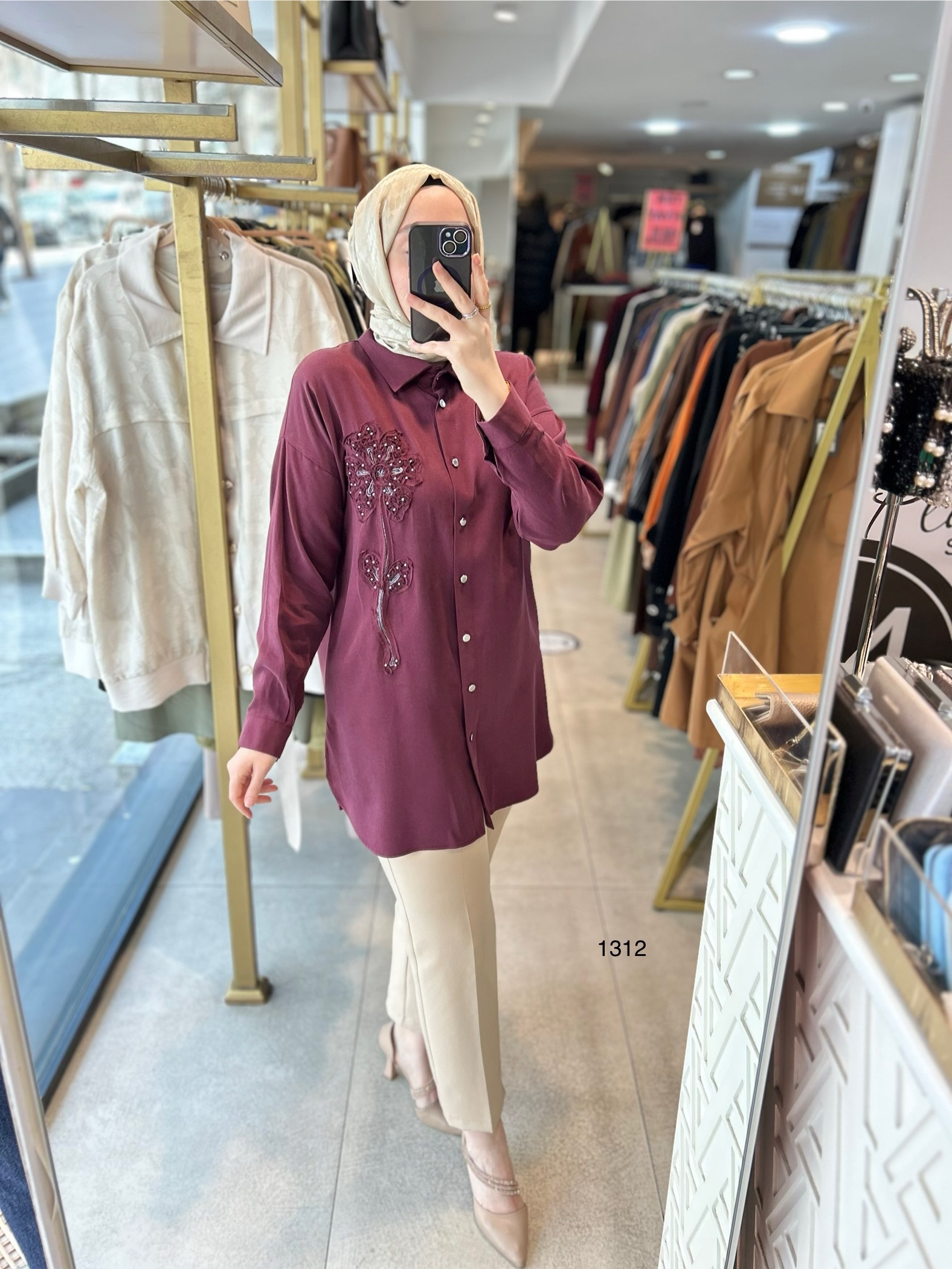 1412 ÖN KISMI ÇİÇEK DETAYLI GÖMLEK YAKA TUNİK - Görsel 5