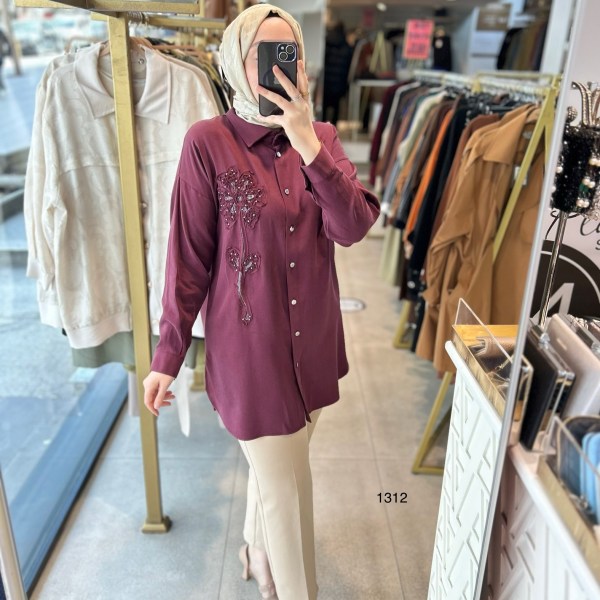 1412 ÖN KISMI ÇİÇEK DETAYLI GÖMLEK YAKA TUNİK - Görsel 16