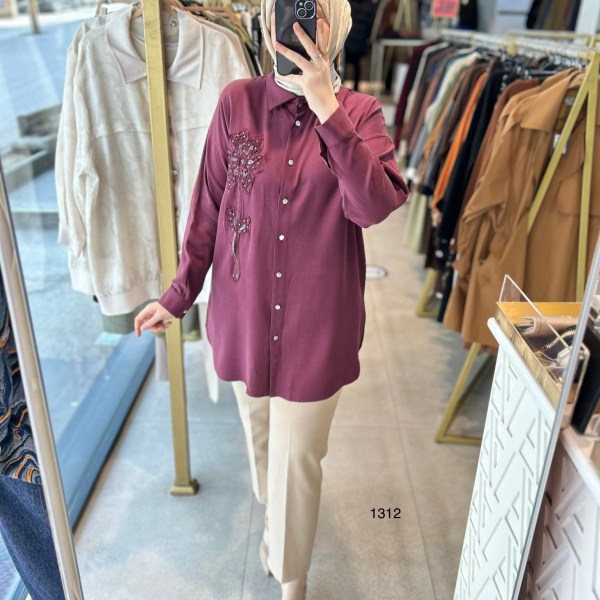 1412 ÖN KISMI ÇİÇEK DETAYLI GÖMLEK YAKA TUNİK - Görsel 4