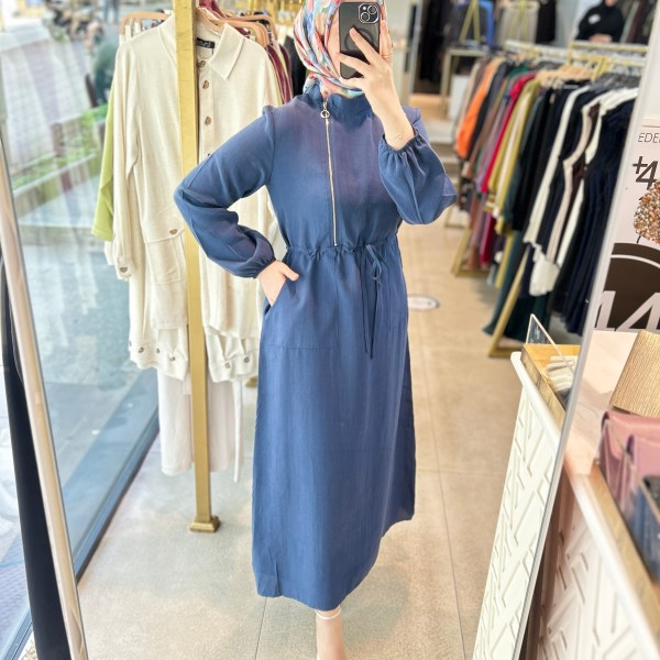 2070 SELMA ZAFEROĞLU FERMUAR DETAYLI BELDEN BAĞLAMALI ELBİSE - Görsel 15