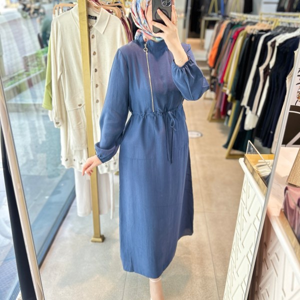 2070 SELMA ZAFEROĞLU FERMUAR DETAYLI BELDEN BAĞLAMALI ELBİSE - Görsel 1