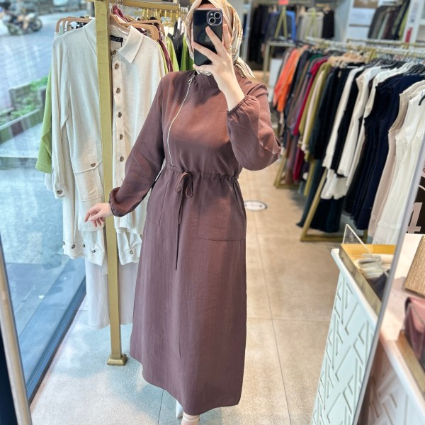 2070 SELMA ZAFEROĞLU FERMUAR DETAYLI BELDEN BAĞLAMALI ELBİSE - Görsel 6