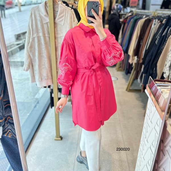 230020 KOLLARI NAKIŞ DETAYLI BALON KOL BAĞLAMALI TUNİK - Görsel 1