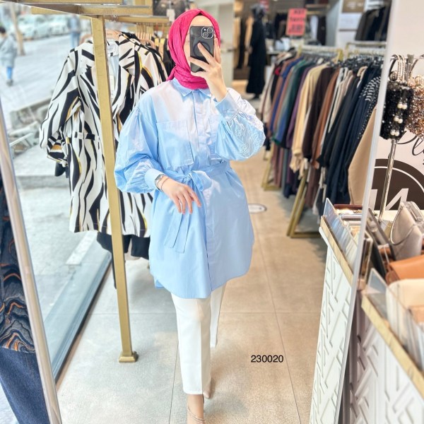 230020 KOLLARI NAKIŞ DETAYLI BALON KOL BAĞLAMALI TUNİK - Görsel 5