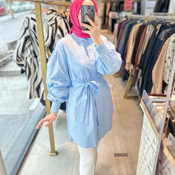 230020 KOLLARI NAKIŞ DETAYLI BALON KOL BAĞLAMALI TUNİK - Görsel 6