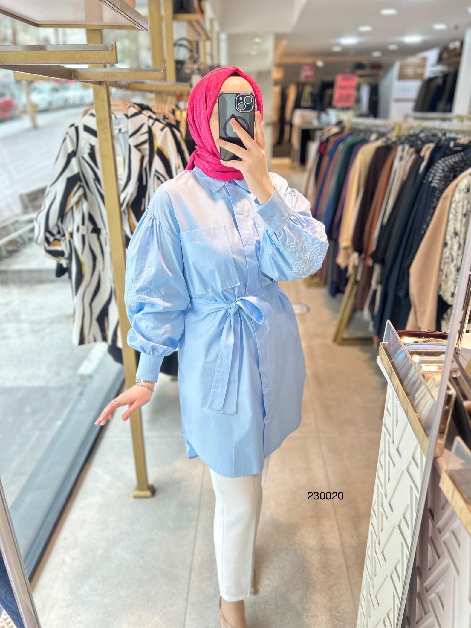 230020 KOLLARI NAKIŞ DETAYLI BALON KOL BAĞLAMALI TUNİK - Görsel 6