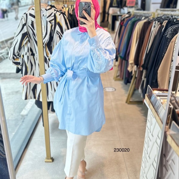 230020 KOLLARI NAKIŞ DETAYLI BALON KOL BAĞLAMALI TUNİK - Görsel 7