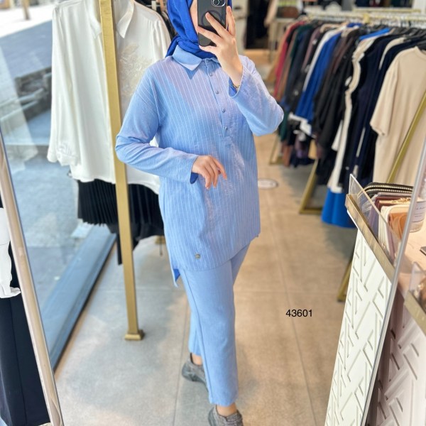 43601 ÇİZGİLİ ÖN DÜĞME DETAYLI ALT ÜST TAKIM - Görsel 1