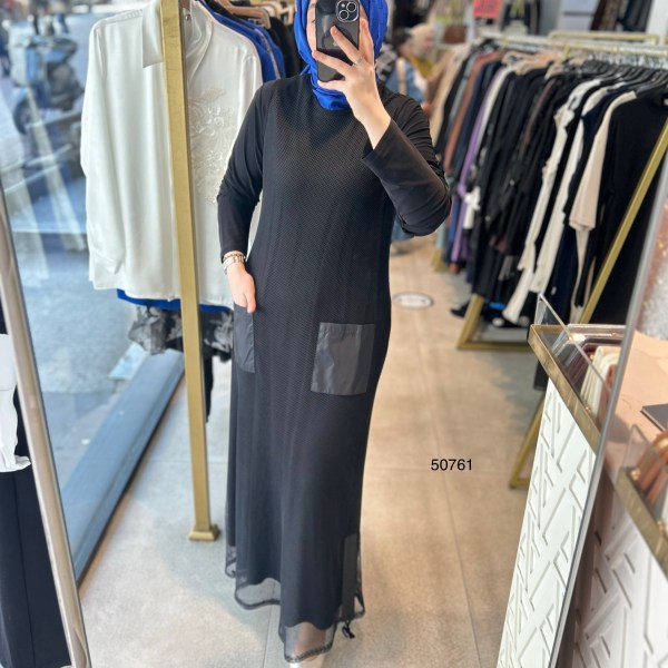 50761 Düz İç Elbise Üst File Kumaş Cep Detaylı Elbise - Görsel 5