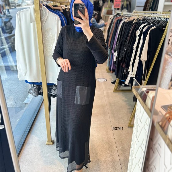 50761 Düz İç Elbise Üst File Kumaş Cep Detaylı Elbise - Görsel 6