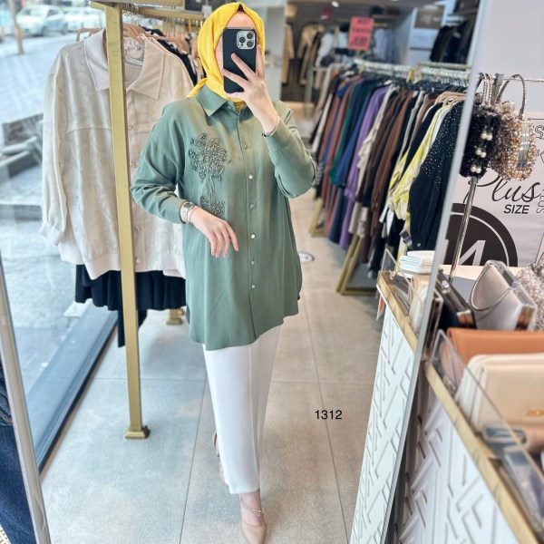 1412 ÖN KISMI ÇİÇEK DETAYLI GÖMLEK YAKA TUNİK - Görsel 11