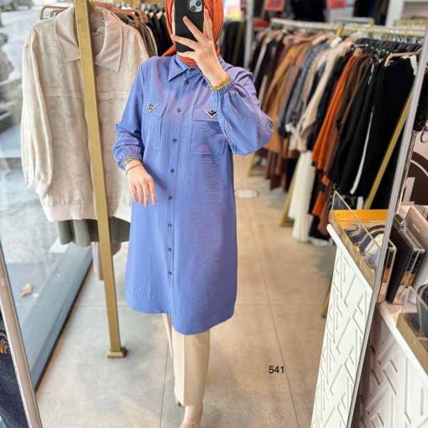 541 CEP DETAYLI DÜĞMELİ GÖMLEK YAKA TUNİK - Görsel 4