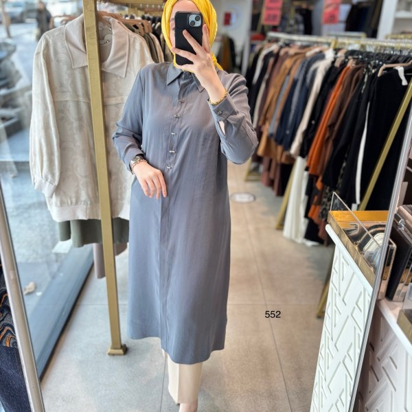 552 GİZLİ DÜĞMELİ GÖMLEK YAKA TENCEL KUMAŞ TUNİK - Görsel 5