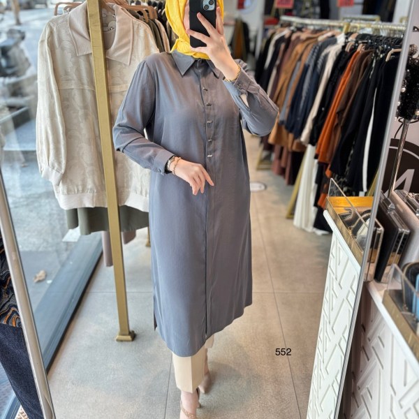 552 GİZLİ DÜĞMELİ GÖMLEK YAKA TENCEL KUMAŞ TUNİK - Görsel 4