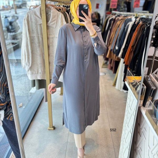 552 GİZLİ DÜĞMELİ GÖMLEK YAKA TENCEL KUMAŞ TUNİK - Görsel 6