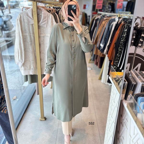 552 GİZLİ DÜĞMELİ GÖMLEK YAKA TENCEL KUMAŞ TUNİK - Görsel 2