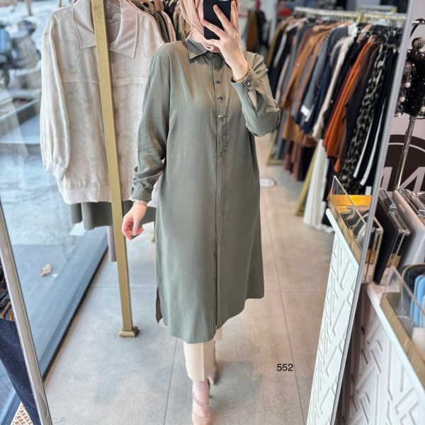 552 GİZLİ DÜĞMELİ GÖMLEK YAKA TENCEL KUMAŞ TUNİK - Görsel 12