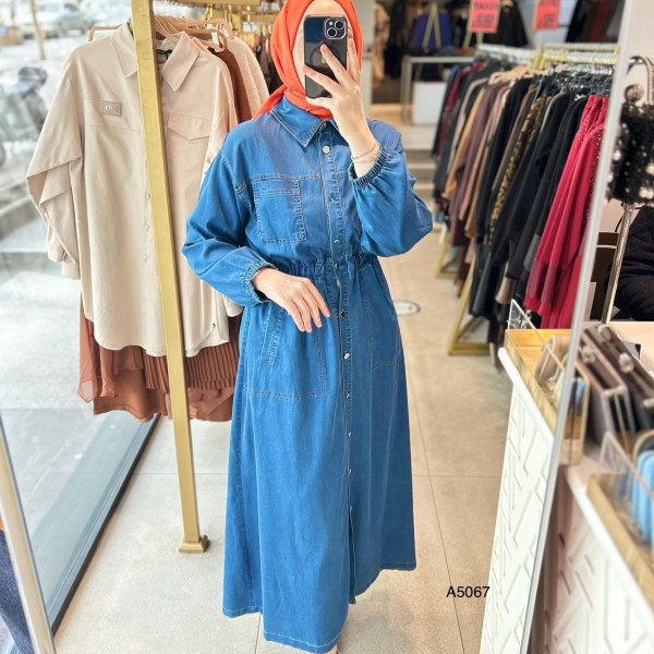 A5067 BELDEN BÜZGÜLÜ DÜĞME DETAYLI KOT ELBİSE - Görsel 4