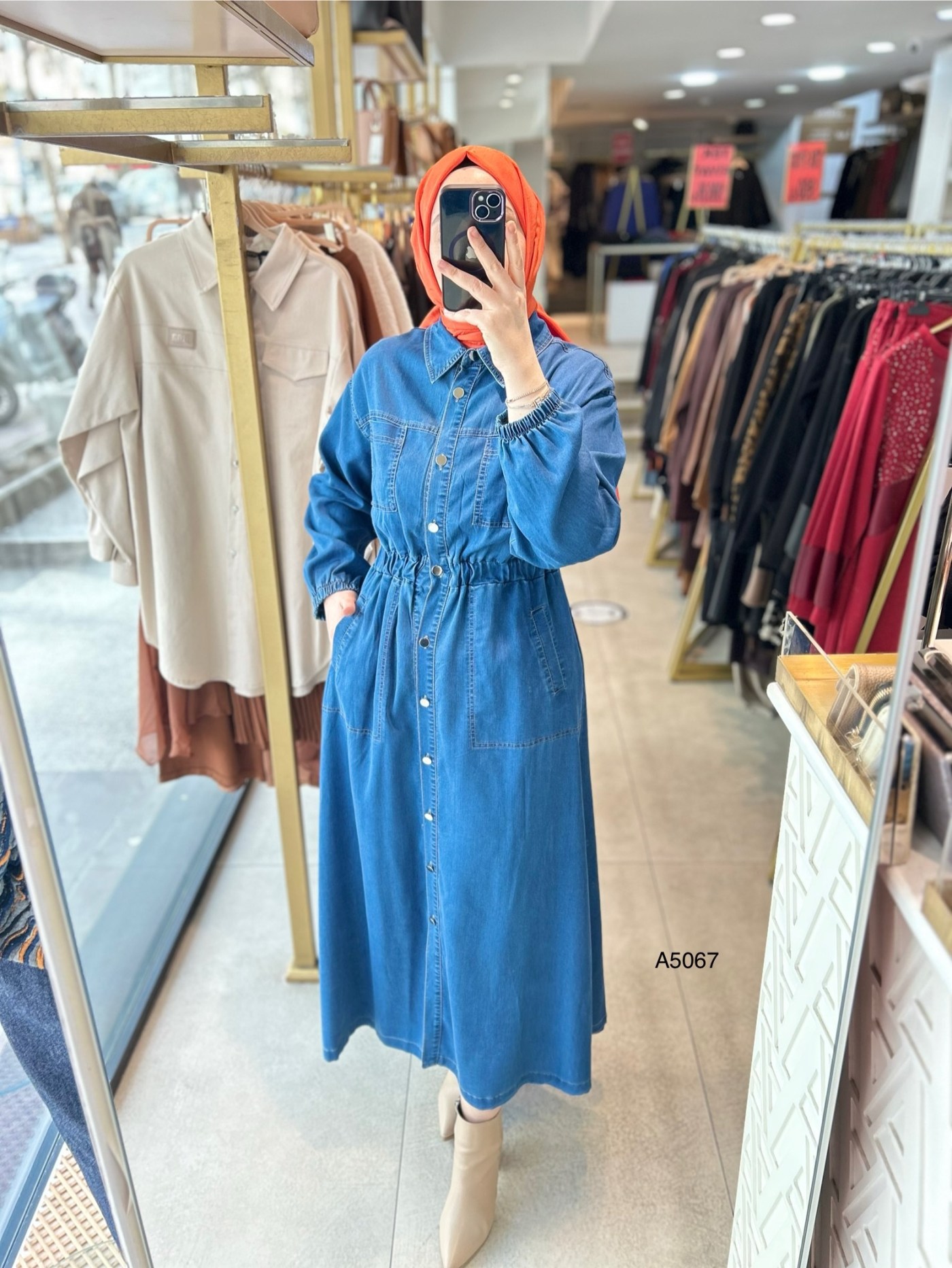 A5067 BELDEN BÜZGÜLÜ DÜĞME DETAYLI KOT ELBİSE