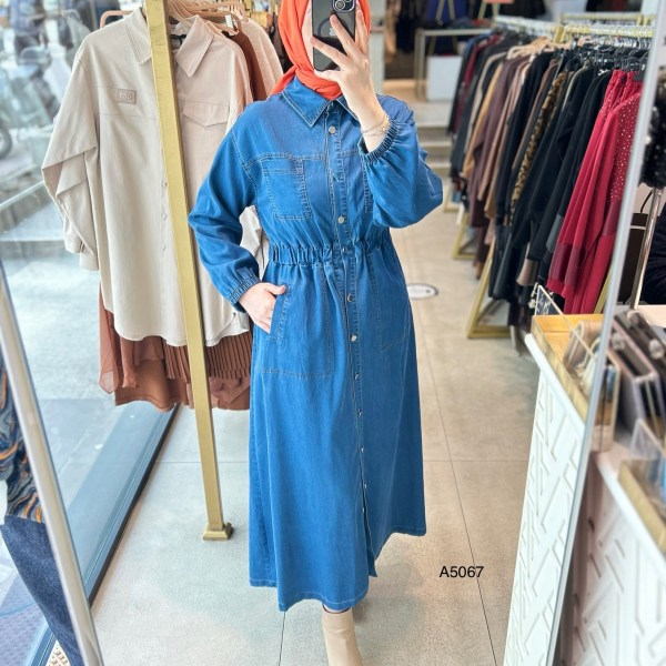 A5067 BELDEN BÜZGÜLÜ DÜĞME DETAYLI KOT ELBİSE - Görsel 5