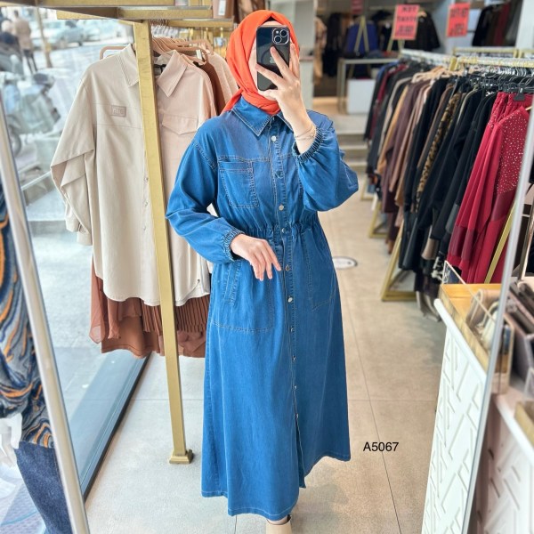 A5067 BELDEN BÜZGÜLÜ DÜĞME DETAYLI KOT ELBİSE - Görsel 1