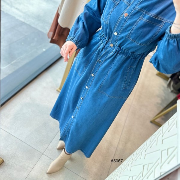 A5067 BELDEN BÜZGÜLÜ DÜĞME DETAYLI KOT ELBİSE - Görsel 6