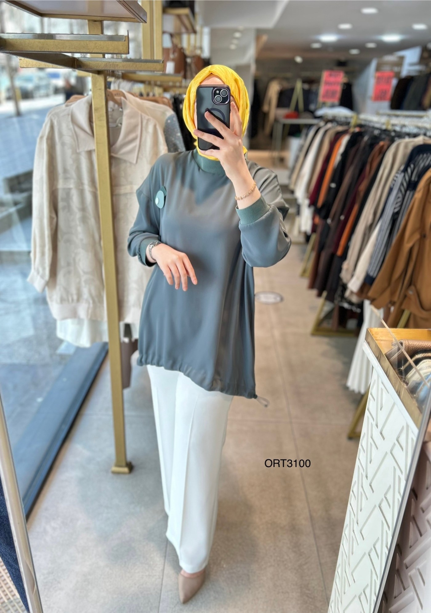 ARMİNE ORTD3100 KOL DETAYI RİBANALI ALT KISMI BÜZGÜLÜ TUNİK