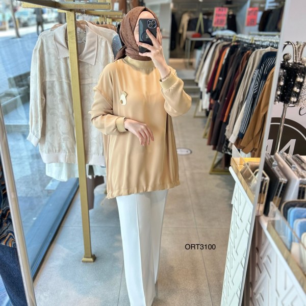 ARMİNE ORTD3100 KOL DETAYI RİBANALI ALT KISMI BÜZGÜLÜ TUNİK - Görsel 3