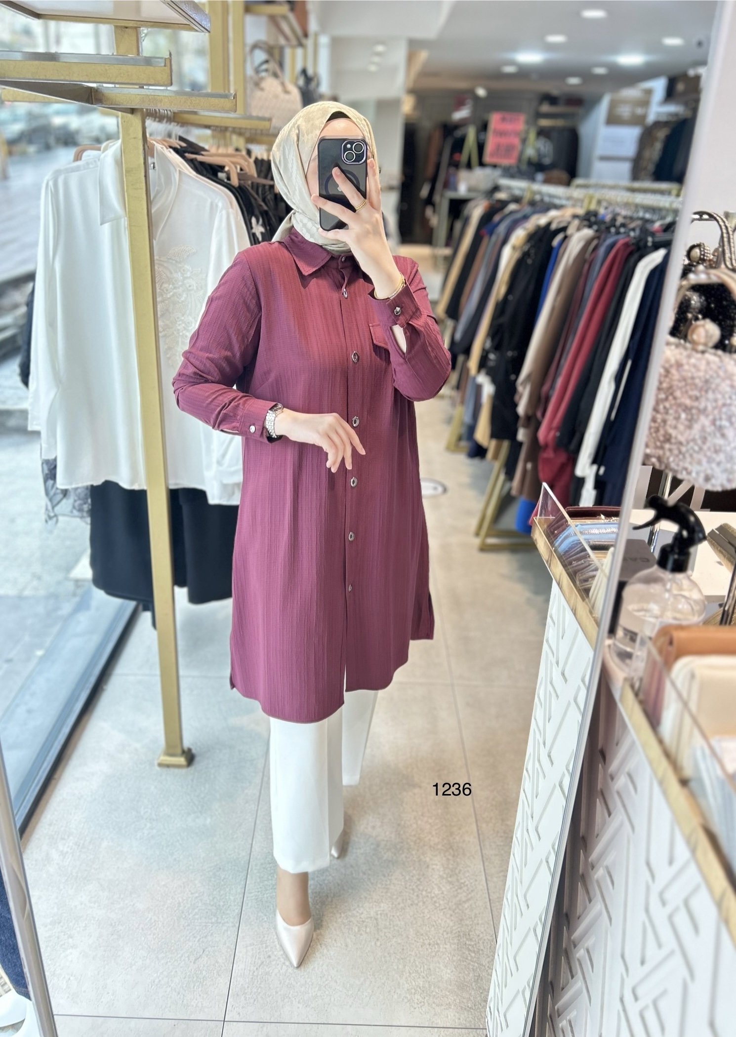 1236 Taşlı Cep Detaylı Uzun Tunik - Görsel 5