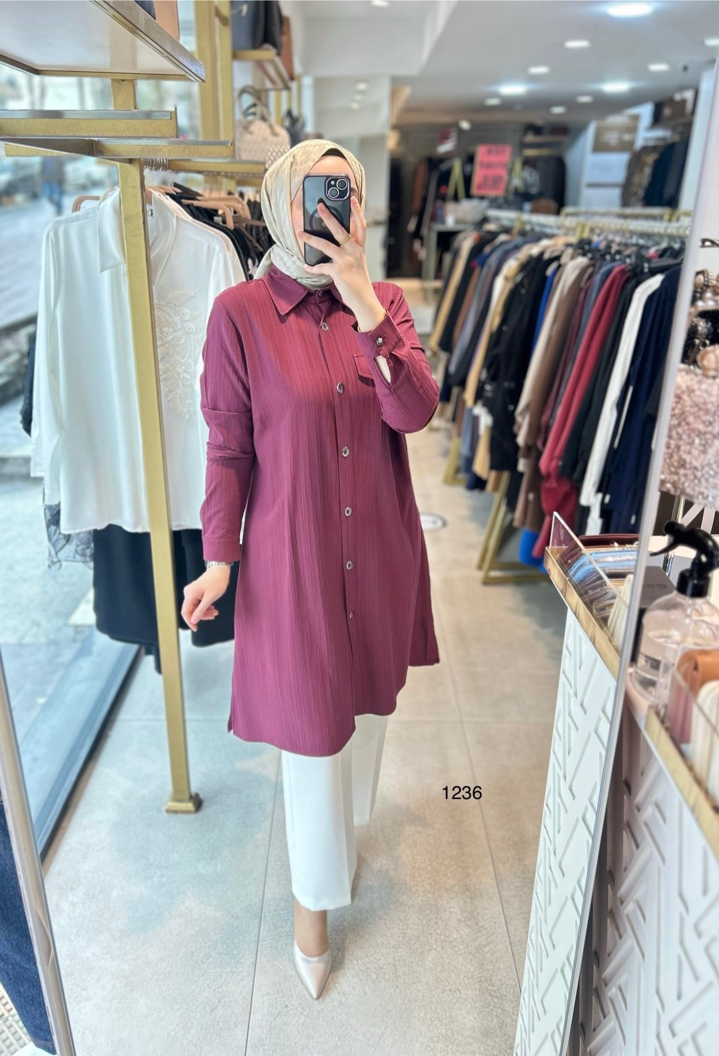 1236 Taşlı Cep Detaylı Uzun Tunik