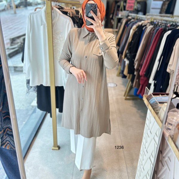 1236 Taşlı Cep Detaylı Uzun Tunik - Görsel 12