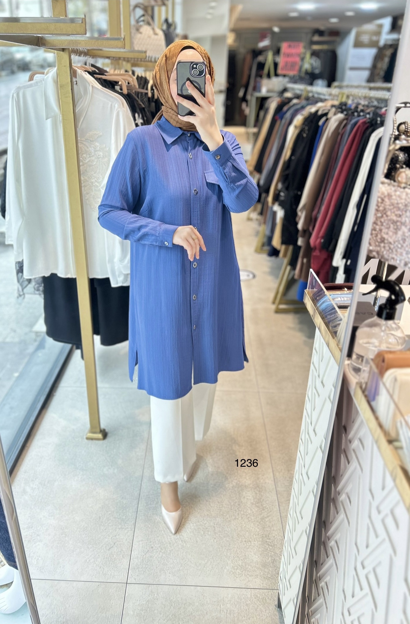 1236 Taşlı Cep Detaylı Uzun Tunik