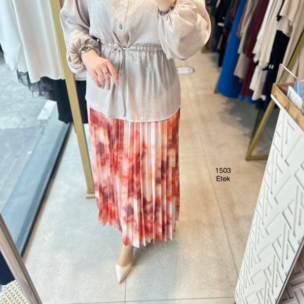 1115 Baskılı Desenli Piliseli Elbise - Görsel 3