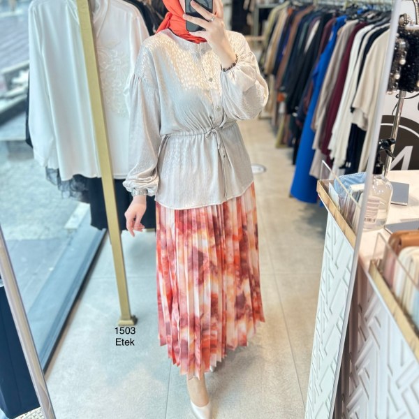 1115 Baskılı Desenli Piliseli Elbise - Görsel 2