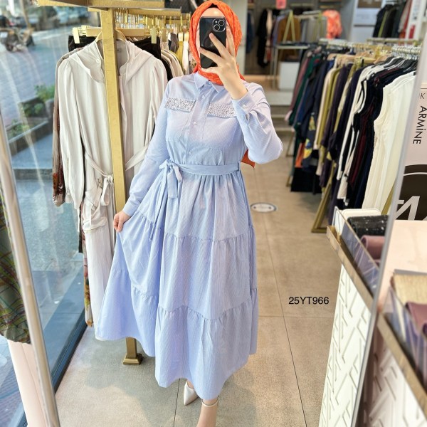 ARMİNE TREND 25YT966 CEP DETAYI TAŞLI GÖMLEK ELBİSE - Görsel 9