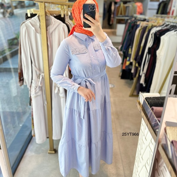 ARMİNE TREND 25YT966 CEP DETAYI TAŞLI GÖMLEK ELBİSE - Görsel 6