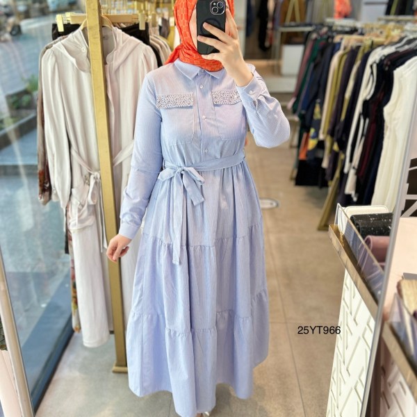 ARMİNE TREND 25YT966 CEP DETAYI TAŞLI GÖMLEK ELBİSE - Görsel 1