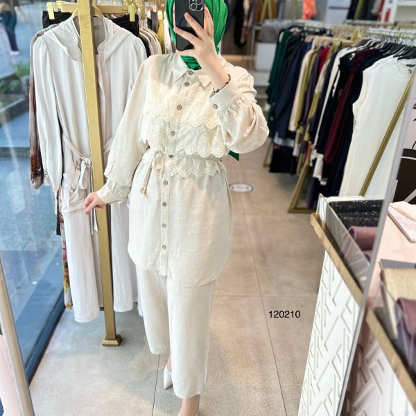 120210 ÖNÜ GÜPÜRLÜ GÖMLEK YAKA DÜĞMELİ TAKIM - Görsel 8