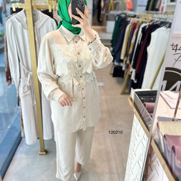 120210 ÖNÜ GÜPÜRLÜ GÖMLEK YAKA DÜĞMELİ TAKIM - Görsel 5