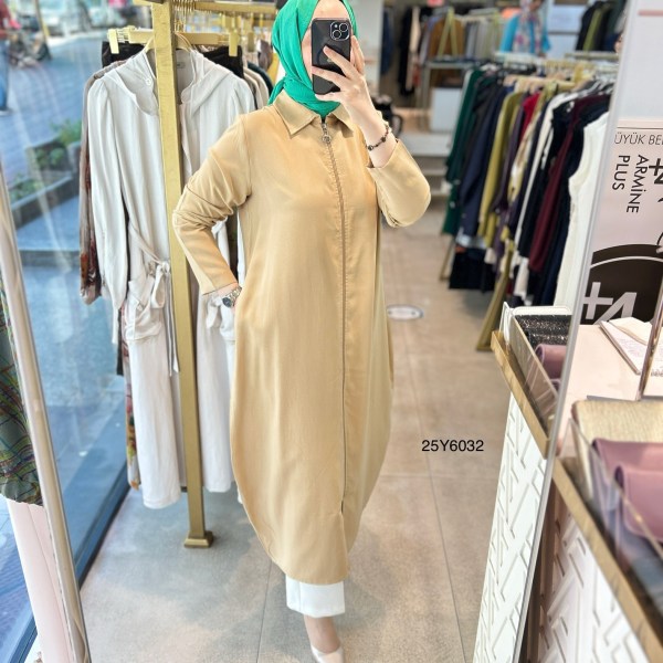 25Y6032 GENİŞ KESİM GÖMLEK YAKA FERMUARLI KAP - Görsel 1