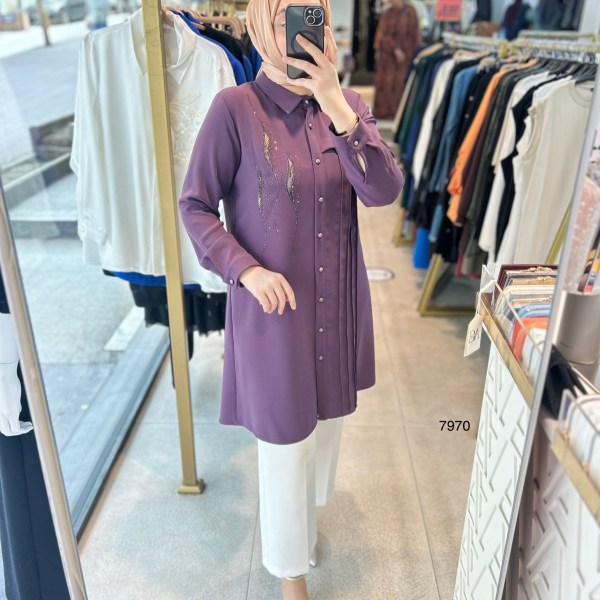 7970 Kum Krep Taş Detaylı Tunik - Görsel 5