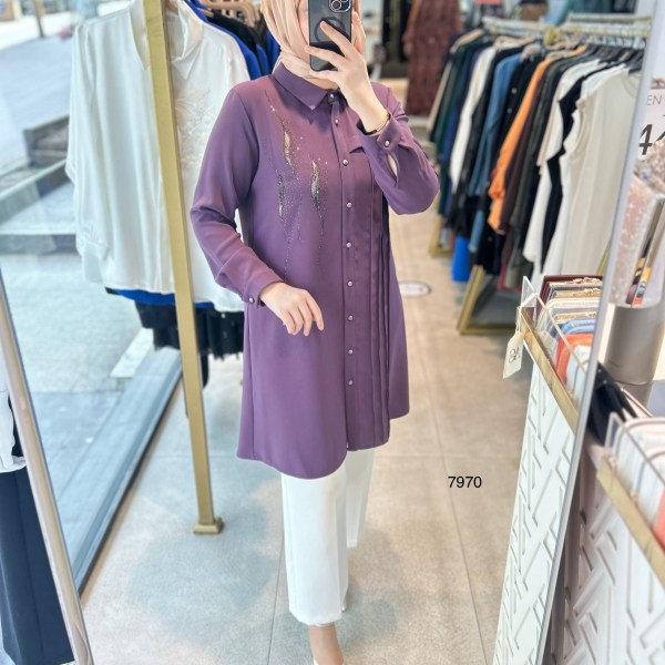 7970 Kum Krep Taş Detaylı Tunik - Görsel 4