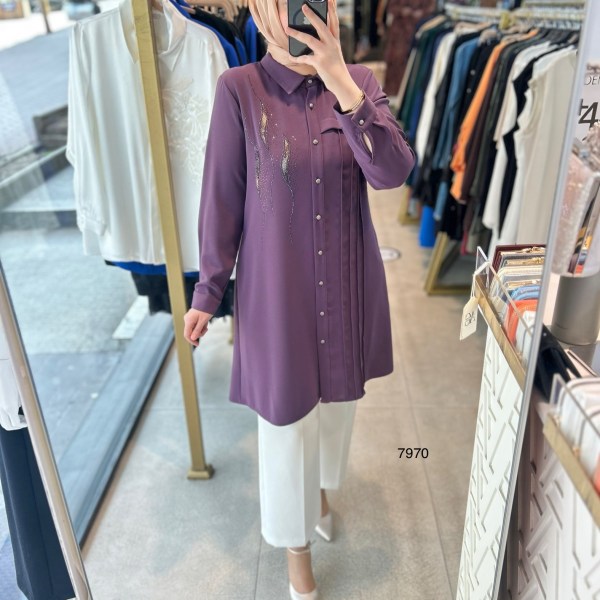 7970 Kum Krep Taş Detaylı Tunik - Görsel 2