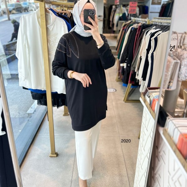 2020 OMUZLARI TAŞ DETAYLI BAMBU KUMAŞ TUNİK - Görsel 12