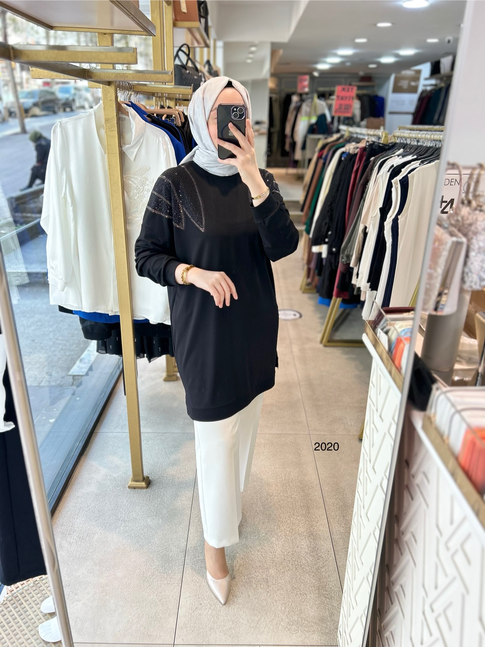 2020 OMUZLARI TAŞ DETAYLI BAMBU KUMAŞ TUNİK - Görsel 12