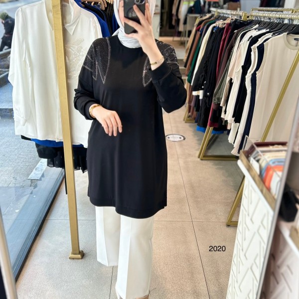 2020 OMUZLARI TAŞ DETAYLI BAMBU KUMAŞ TUNİK - Görsel 11